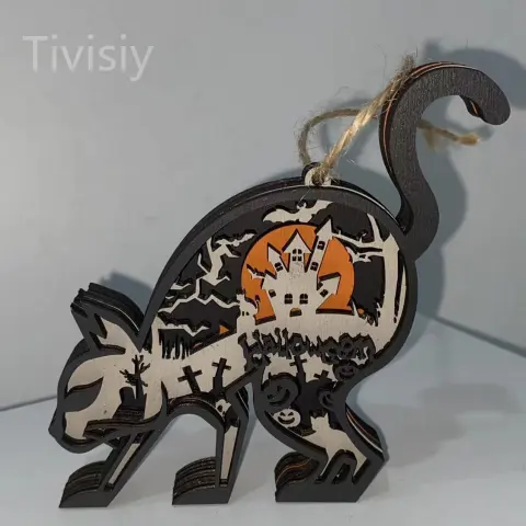 HOT SALE🔥-Halloween Black Cat 3D Wooden Ornament